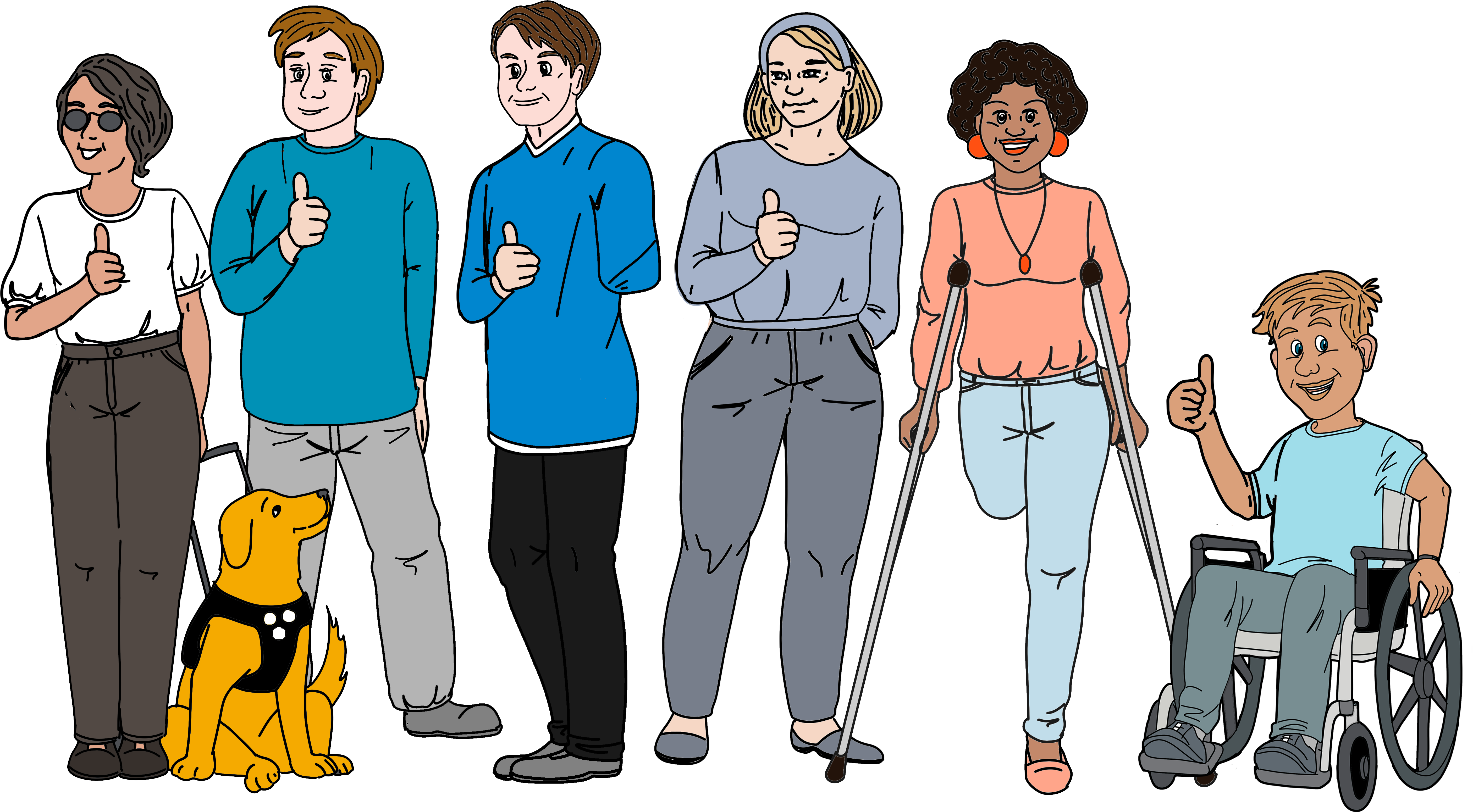 6 Menschen mit sichtbaren und unsichtbaren Behinderungen. Sie l&auml;cheln und zeigen einen Daumen hoch.